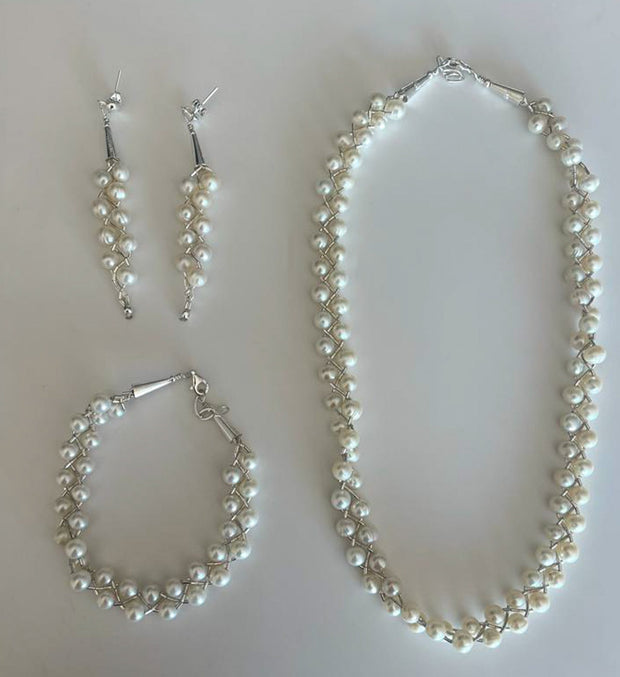 White Cultured Pearl Set- Two Stands of Braided Sterling Silver and Silver Clasp
